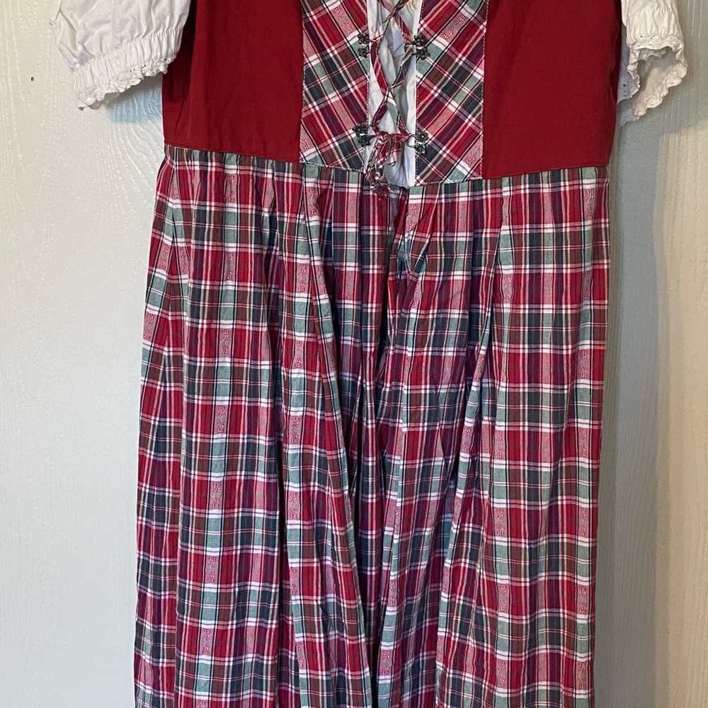 VTG Drindl Plaid Red & Green Women's Dress EU 48 US 14 Siebenstein Trachtenmoden